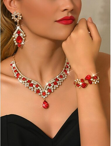  Conjunto de collar, pendientes y pulsera de cristal rojo para mujer, joyería llamativa con diamantes de imitación en tono dorado, estilo glamuroso y elegante para fiestas. &eventos nocturnos