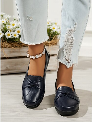  Dames Blauwe Zachte Penny Loafers met Knoop Detail – Comfortabele Instap Flats Rij Schoenen voor Kantoor Werk Casual Wandelen  Dagelijks Gebruik