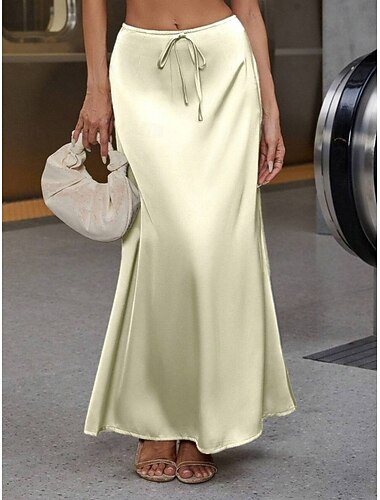  Damen Elegant Mode Maxi Hohe Taille Röcke Einfach Kordelzug Mikroelastisch Party Date Wein Schwarz Gelb Braun Frühling Satin