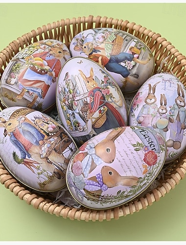  Conjunto de 6 ovos de Páscoa de lata, ovos de coelho ocos e coloridos, cascas de ovos de doce, decoração de primavera, centro de mesa, festa, cesta, presente para crianças