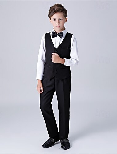  4-teiliger Ringträgeranzug für Jungen und Kinder, Weste & Hemd  &Anzughose für Jungen, formell, lässig, für Outdoor-Partys, modisch, cool, Basic, einfarbig, blau, schwarz, weiß, Nylon