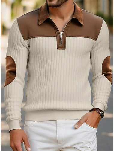  בגדי ריקוד גברים פּוֹלוֹ חולצות פולו חופשה רחוב רבע מיקוד שרוול ארוך אופנתי בסיסי קולור בלוק סרוג טלאים סתיו חורף רגיל שחור לבן ירוק צבאי משמש פּוֹלוֹ