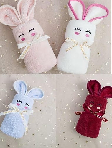  Conjunto de toalhas de Páscoa com 4 peças em formato de coelhinho - coelhinhos em tons pastel de rosa, bege, branco e roxo com orelhas em formato de coração. &Toalhas de banho ideais para chuveiros,