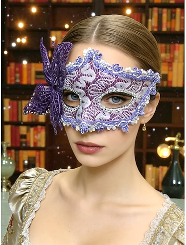  Damen Lila Spitzen Schmetterlings Maskerade Mardi Gras Maske mit floralen Details - Elegantes venezianisches Karneval Kostüm Zubehör für Partys  Bälle