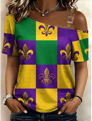  Mardi gras Dames T-shirt Grafisch Tropisch Hawaii Stijlvol Korte mouw Asymmetrische nek Croptops Strand bruiloft Dagelijks Sport Wit / Zwart Wit Geel Lichtgroen Paars Zomer Lente