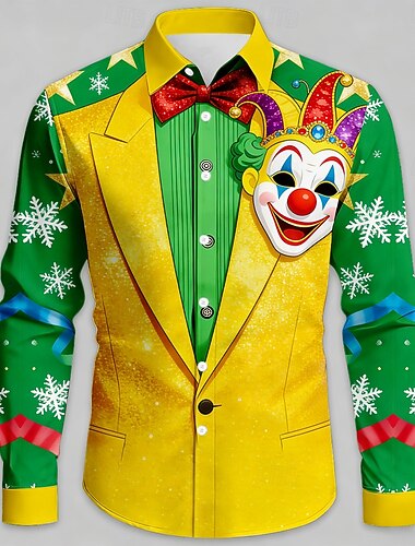  מארדי גרא בגדי ריקוד גברים ליצן קרנבל עיצוב צווארון דמוי עור וחליפה חולצה חולצה עם כפתורים שרוול ארוך אופנה קז'ואל מפלגה חגים אביב סתיו צווארון מתקפל הדפסת תלת מימד חולצות צווארון צהוב