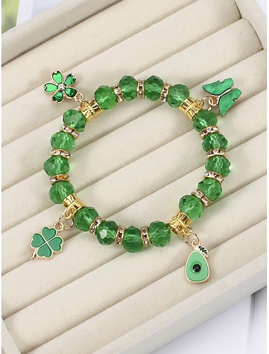  سوار ساحر للنساء بمناسبة عيد القديس باتريك، مزين بقلادة على شكل نبتة البرسيم الأخضر، بتصميم خرز متعدد الأنماط، مصنوع من سبيكة معدنية وكريستال صناعي، مجوهرات احتفالية أيرلندية للنساء