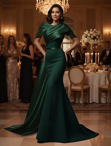  Meerjungfrauenschnitt Bodenlange Schleppe Ballkleid mit Cape Abendkleid Festliche Kleidung Elegant Glitzernd Glitzern Ärmellos Schulterfrei Hochzeit Formell Satin Stretch-Crêpe mit Glitzer