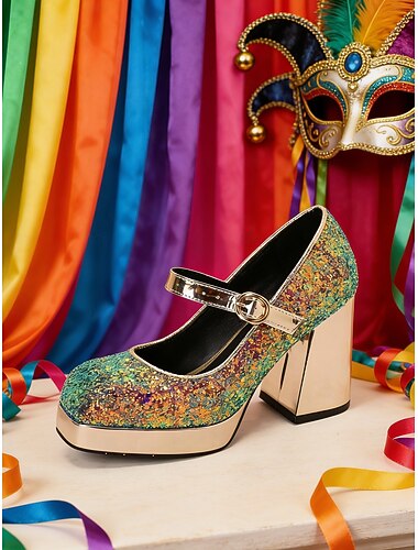  Γυναικεία Γκλίτερ Πλατφόρμα Μαρντί Γκρά με Λουράκι Mary Jane – Λαμπερές Πολύχρωμες Μπλοκ Γόβες για Καρναβάλι Γιορτές και Εορτασμούς