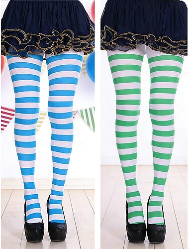  Damesett med stripete strømpebukser til karnevalsfest (2 par), elastisk overkneemodell, blå &Grønn horisontal stripedesign, morsomme kostymesokker for voksne, festival, karneval, cosplay &temafester