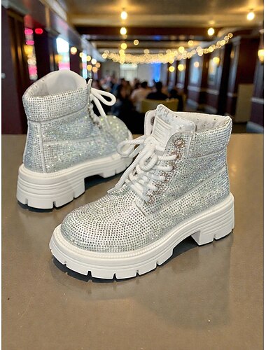  Γυναικεία μποτάκια αστραγάλου με γκλίτερ και δετά κορδόνια - μπότες μάχης με λαμπερά στρας, χοντρές πλατφόρμες, μοντέρνο στυλ νυχτερινής ζωής για πάρτι, κλαμπ &βραδινά ρούχα