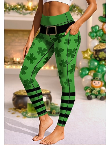  St. Patrick Dame pilatesleggings Treningsbukser Treningstights Lommer Dokumentavgift Sidelommer Pilates Treningsstudio Treningsøkt Strømpebukse Leggings Bunner Geometri Clover Grønn og Svart Grønn
