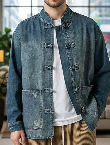  Miesten Paita Rento paita Button Up paita Cowboy paita Sininen Pitkähihainen Yhtenäinen väri Pystykaulus Päivittäin Loma Tasku Vaatetus Muoti Vapaa-aika Mukava