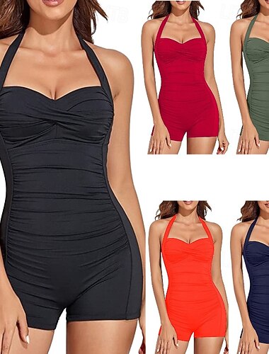  Dames Badpak Geplooide eendelige stukken Badpakken Effen Halster Elastisch Mouwloos Zwemkleding Surfen Strand Vakantie Zomer