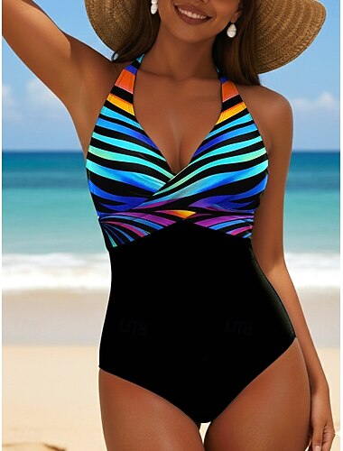  Womens One Piece Swimsuit Slankende Rynket Ferie Strandtøj Stribet Ærmeløse Badedragter