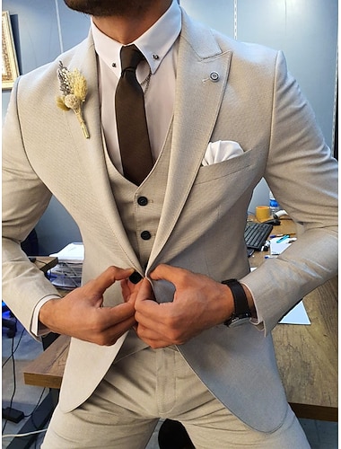  Menn drakter Strandbryllup Bryllup Mørk kaki Beige Vår Dress Spiss Forretning Formelt Ensfarget Skreddersydd 3 deler sett Enkelt Brystet Enn-knapp