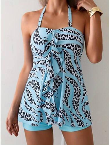  Tankini Feminino Maiô Em Duas Peças Estampa Leopardo Cueca Controle De Barriga Cintura Alta Slim Sem Costas Férias Praia Vestuário Alcinha Sem Mangas