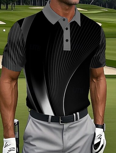  Herre Geometrisk Polo Golf poloskjorter Kortermet Poloskjorter Knaphul Fritid treningsklær 3D-utskrift Knapper Sommer Svart Lilla