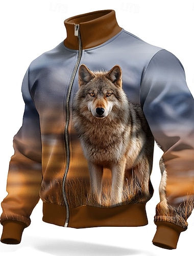  Herren Tiermotiv Wolf 3D-Druck Jacke Pullover Mode Täglich Taktisch Jagd Stehkragen Outdoor Streetwear Party Braun Braun 2 Braun 3 Reißverschluss Frühling Herbst Designer S M L XL XXL XXXL