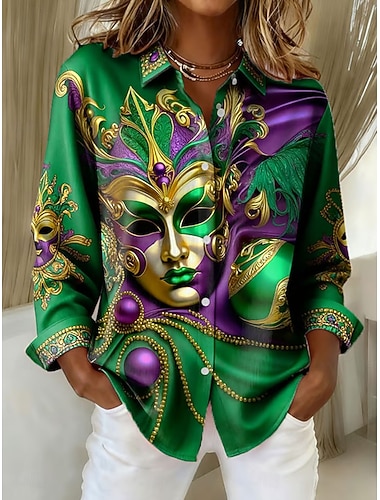  Carnaval Dames Shirt Grafisch Geometrisch Abstract Elegant Vintage Stylish Lange Mouw Shirt Kraag Reguliere Tops Dagelijks Werk Feest Avondkleding Knopen Print Zwart Geel Paars Groen Lente Herfst