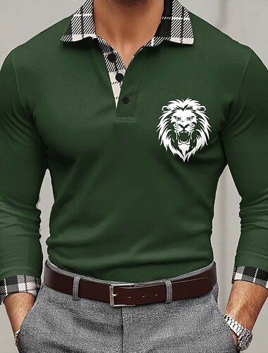  Bărbați Leu Polo Manșon Lung Tricouri de polo Rever Casual În aer liber Stradă Îmbrăcăminte Atletică Purtare Zilnică Imprimare 3D Nasturi Primăvară Toamnă Albastru piscină Negru Roșu-aprins