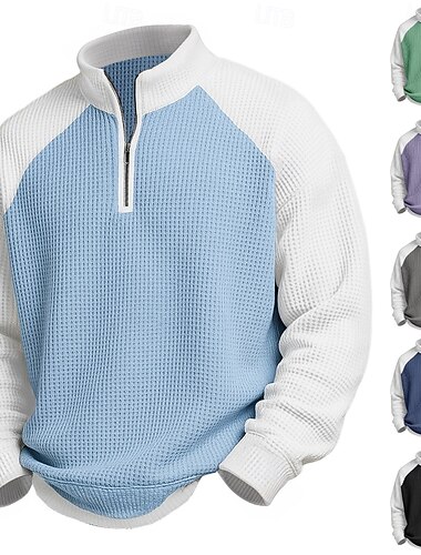  Herren Waffel-Poloshirts Polo Lässig Formell Gebänderter Kragen Langarm Mode Einfarbig Texture Knöpfe Rein Herbst Frühling & Herbst Herbst Winter Normale Passform Schwarz Hellgrün Marineblau Purpur
