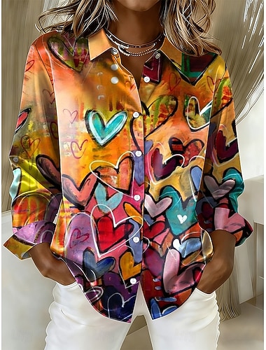  Damen Hemd Herz Grafik Vintage Stilvoll Modern Langarm Hemdkragen Normale Oberteile Täglich Ferien Blau Gelb Purpur Grün Frühling Winter