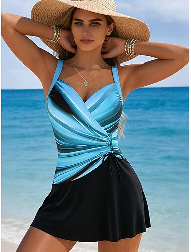  Damen Badeanzug Badekleider Hoher Schnitt Bademode Gerafft Urlaub Vintage Ombre Grafik V Ausschnitt Ärmellos Badeanzüge