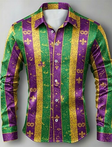  Camisa masculina de carnaval com estampa de máscara listrada e design clássico de listras, em cetim – estilo clássico de festival.