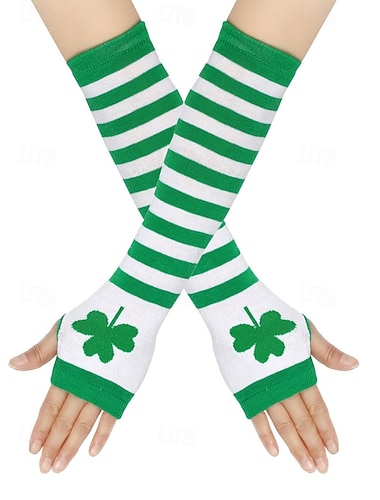  Gebreide dameshandschoenen voor St. Patrick's Day, groen-witte strepen met klavermotief, perfect voor St. Patrick's Day, carnaval en dagelijks gebruik.