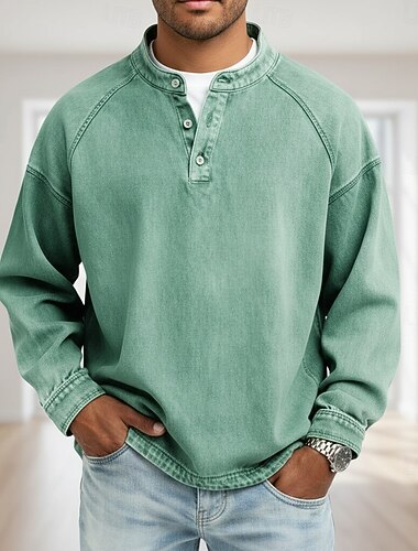  Herren T Shirt Henley Hemd Jeanshemd Hemd aus 100 % Baumwolle in Säurewaschung T-Shirt Langarm Einfach Vintage Streetwear Lässig Stückgefärbt Gewaschen Raglanärmel Stehkragen Henley Lässig Straße