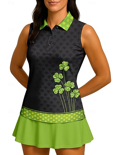  St. Patrick Dame Blomster Clover Sportsskjorte POLO T-skjorte Tanktopp Tennisskjorte Ermeløs Blomster Knapper UPF50+ UV-bestandig Høy Elastisitet Fukttransport Pustende Volleyball Tennis Golf Krage