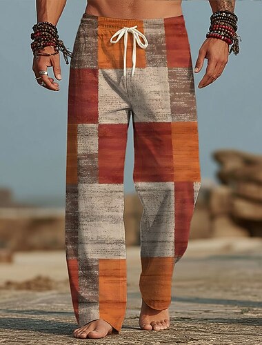  Homens Geométrica Bloco de cor Retalhos Calças Calça casual Calças largas Cintura Média Moda Casa Ao ar livre Férias Cintura elástica com cordão Calças de linho com bolsos Verão Primavera Impressão 3D