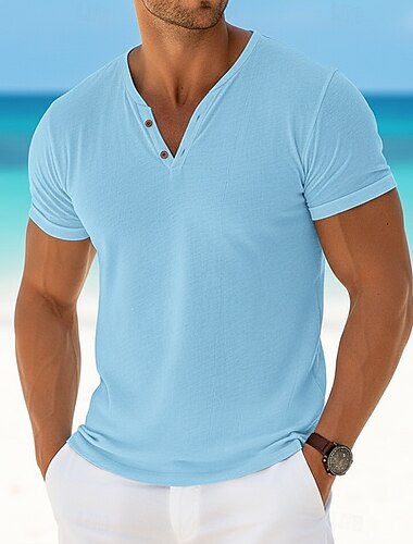  Per uomo Maglia Henley Maglietta Manica Corta Maniche Corte Scollo a V Henley Estate Semplice Moda Designer Essenziale Puro Casuale Vacanza Streetwear Blu chiaro Nero Bianco Maglietta Top per Uomo