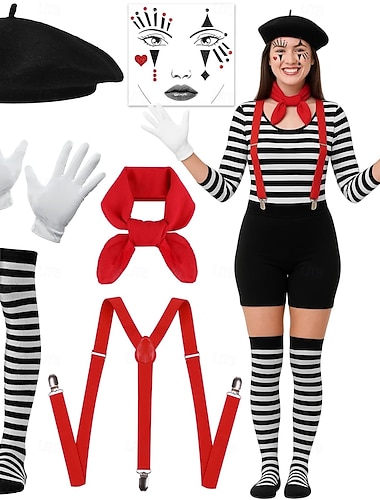  Mehre Accessoires Ausgefallene Kostüme Pantomimenkünstler Pantomime-Clown Zirkus Cosplay-Kostüm Gestreift Erwachsene Damen Halloween Karneval Party Leistung Verkleiden