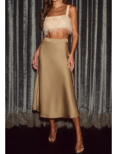  Damen Satinröcke Elegant Mode Lässig Midi Hohe Taille Röcke Einfach Mikroelastisch Täglich Party Schwarz Champagner Grün Khaki Sommer Satin Polyester