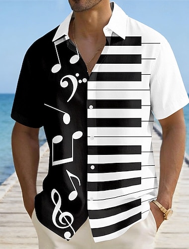  Herre Piano Musikknotater Fargeblokkering Skjorte Sommerskjorte Skjorte med knapper Kortermet Vintage retro utendørs Feriereise musikk festival Sommer Aftæpning 3D-utskrift Lin som skjorte Blå Svart
