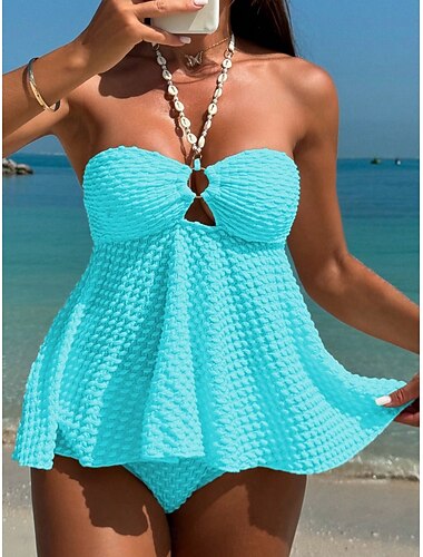  女性用 タンキニ 2ピース水着 アンダーワイヤー チーキー タミーコントロール ハイウエスト スリム ストラップレス バックレス バカンス ビーチウェア フローラル ホルターネック ノースリーブ 水着