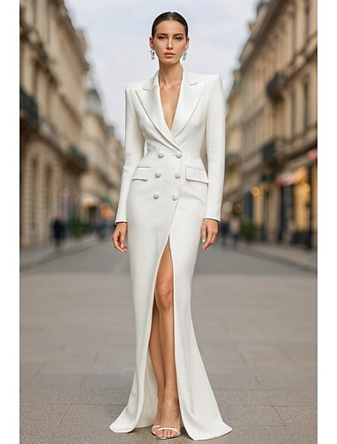  Damen Smokingkleid Schlauchkleid Hochzeit Formell Hochzeitsgast Satin 4-Wege-Stretchgewebe Elegant Smoking Glitzernd Langarm Bodenlang Steigendes Revers Doppelreihig