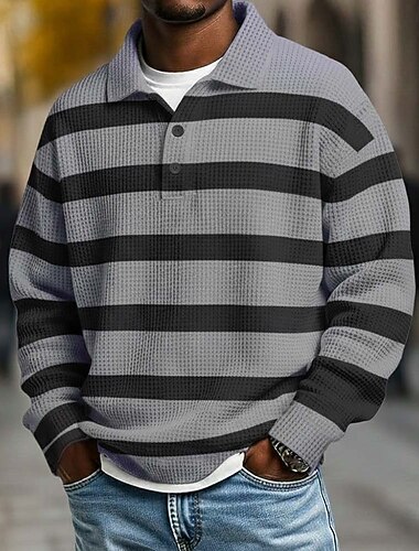  Herre Horisontale strimler Vaffel poloskjorter Rugby Polo Rugby polo skjorter Langærmet Polo skjorter Knaphul Sportstøj Afslappet Skole atletiktøj Dagligdagstøj 3D-udskrivning Forår Efterår Vinter