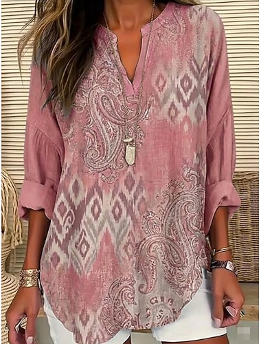  Dámské Košile Tunika Tisk Grafika Geometrický Čechy Vinobraní Denní Dlouhý rukáv Do V Běžné topy Denní Dovolená Světlá růžová Léto Jaro