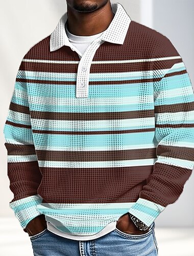  男性用 水平ストリップ ポロ 長袖 ポロシャツ ラペル スポーツウェア カジュアル 学校 アスレイジャー デイリーウェア 3Dプリント 春 秋 冬 ブルー グリーン