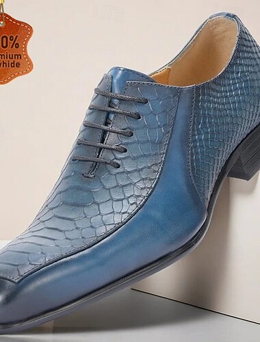  Blå herresko i skinn med krokodillemønster – luksuriøse snøresko med trendy design, ideelle for kveldsklær, fester og spesielle anledninger