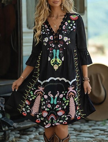 Naisten Midimekko Boho-mekko Sifonki Mekko Boho Chic Mekot Tyylikäs mekko Tyylikäs Böömi Vintage Päivittäin Loma Deitti Ohut Kukka Lyhythihainen V kaula-aukko Musta Kesä Kevät Syksy Talvi