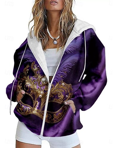  Karnavalové dámské zipové mikiny grafika geometrické abstraktní móda streetwear pohodlné dlouhý rukáv kapuce běžné topy volný čas každodenní nošení vycházková zip kapsa žlutá purpurová tmavě