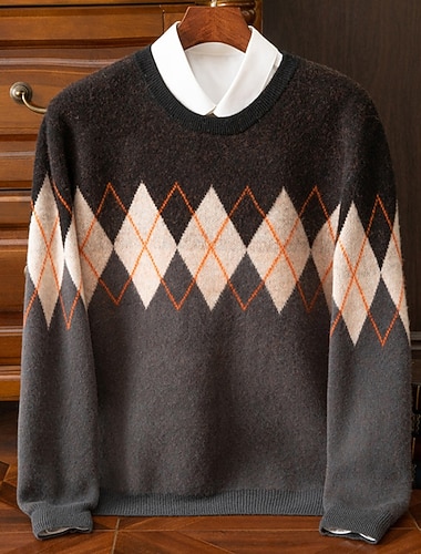  Voor heren Trui Wollen trui Gebreide trui Geribd breien Normale tops Gebreid Argyle Strakke ronde hals Modieus Streetwear Casual Alledaagse kleding Kleding Herfst Winter Rood Khaki S M L