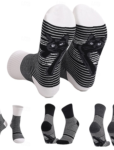  Meias masculinas listradas em preto e branco com estampa de gato, tamanho grande, unissex, cano médio, confortáveis e casuais para homens e mulheres.
