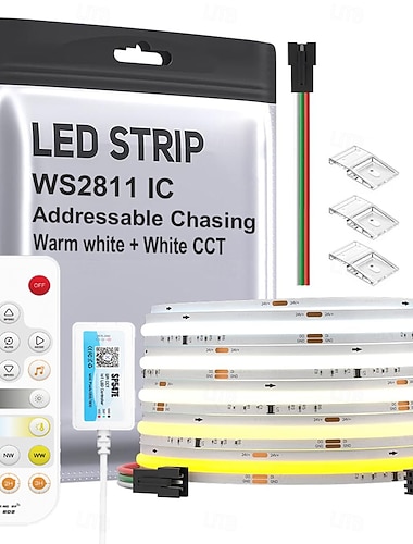  COB-LED-Streifen, adressierbar, 2700K–6500K, dynamisches Weißlicht, Farbtemperaturregelung, Dual-Modulation, Smart-IC, einstellbare Lichtfarbe, 5 m (16,4 ft), superhell, dimmbar,