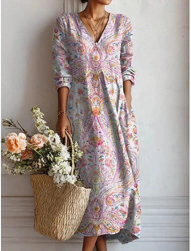  Pasen Dames Maxi Jurk Linnenachtig Ademend Lichtgewicht Zomerjurk A-lijn Jurk Vakantie Casual Boho Vakantie Reguliere Pasvorm Bloemend Kleur Blok Lange Mouw V-hals Marinezwart Roze Oranje Zomer Lente