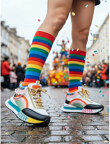  Γυναίκες Μάρντι Γκρα Πολυχρωματικά Παλτά Χαρακτηριστικών Με Τολμηρές Ράβδους Λεπτομέρεια Αλυσίδας και Ουράνια Χρώματα – Στυλάτα και Άνετα Παπούτσια για Καρναβάλια Παρελάσεις και Γιορτές